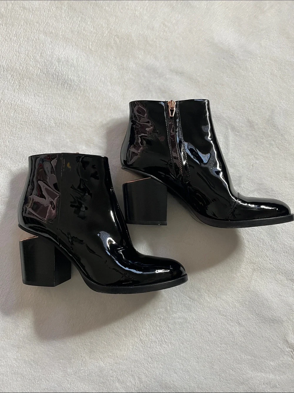 Alexander Wang 7.5 Black Patent leather Gabi Boots cut out block heel rose gold